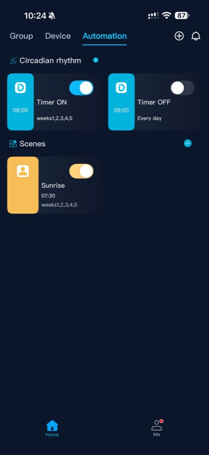 DayBetter Automation tab showing a Sunrise scene
