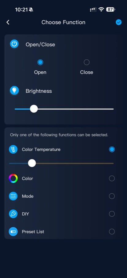 Choose Function screen with Open, Brightness and Color Temperature