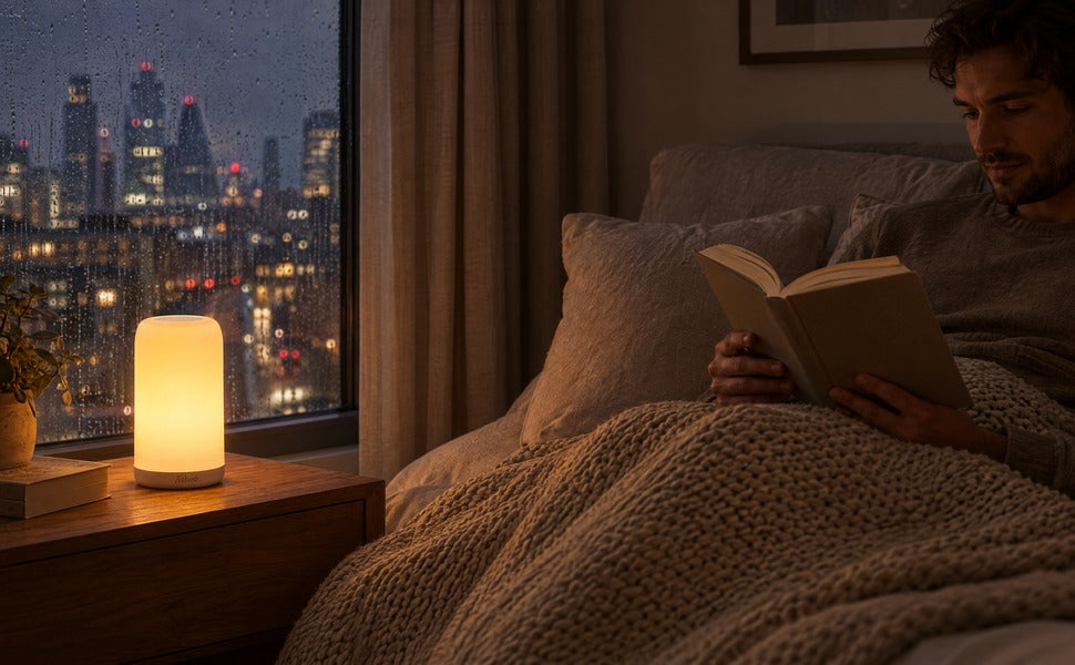 Man reading in bed late at night by the warm amber glow of Aura on the bedside table